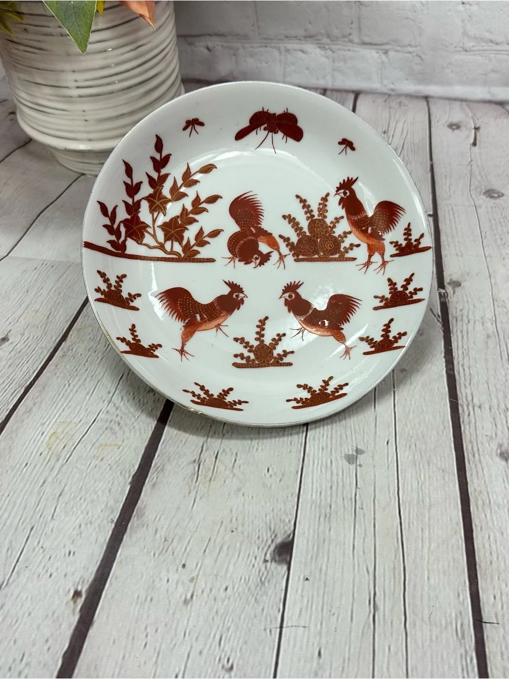Vtg bowl Rust Red Rooster farmhouse rustic folk-art country cottage butterfly